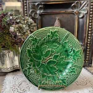 vintage Gien France Green ceramic salad plate Majolica leaves floral botanical